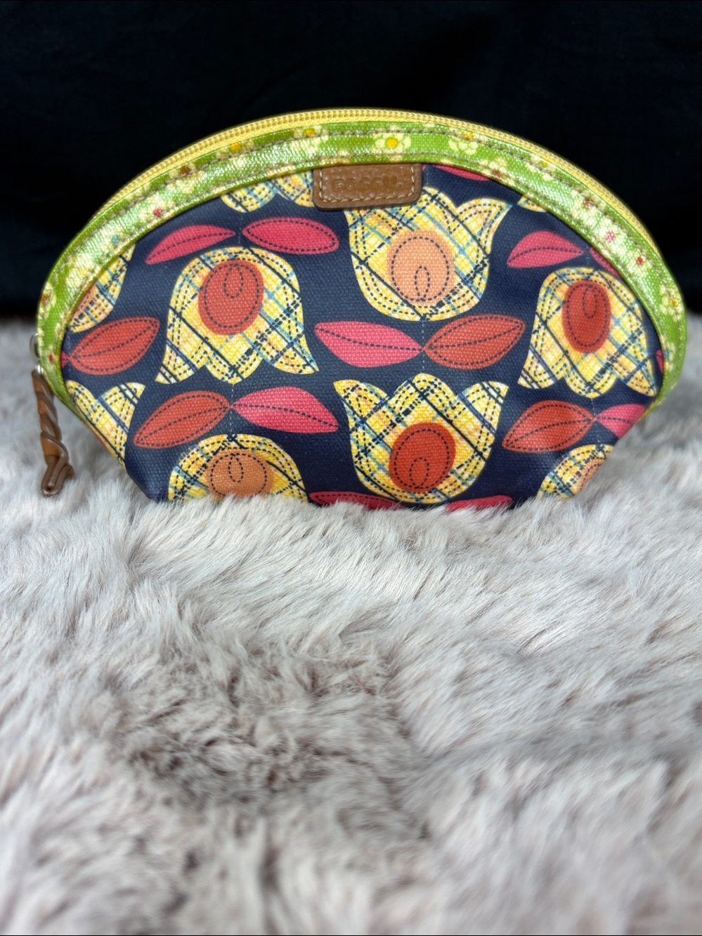 Fossil Vintage-Inspired Tulip Print Cosmetic Makeup Pouch Genuine Leather Trim